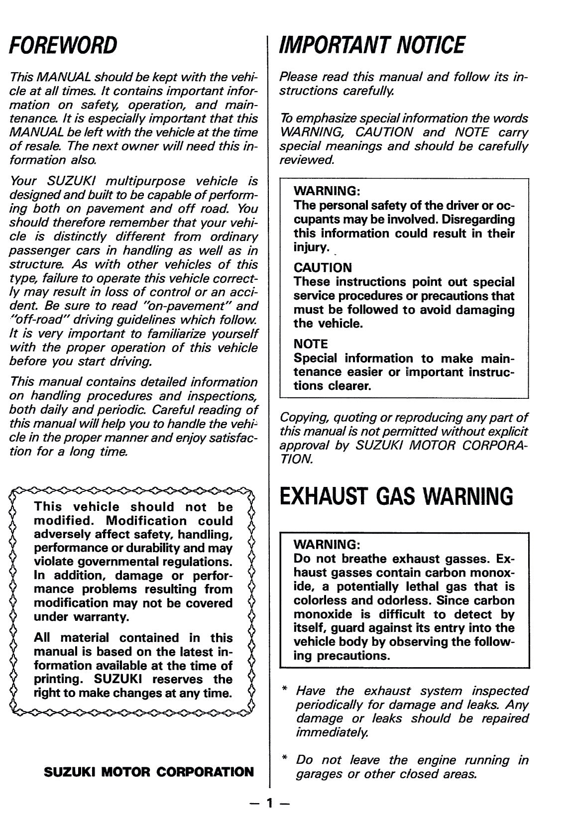 1988 Suzuki Samurai Owner's Manual | English