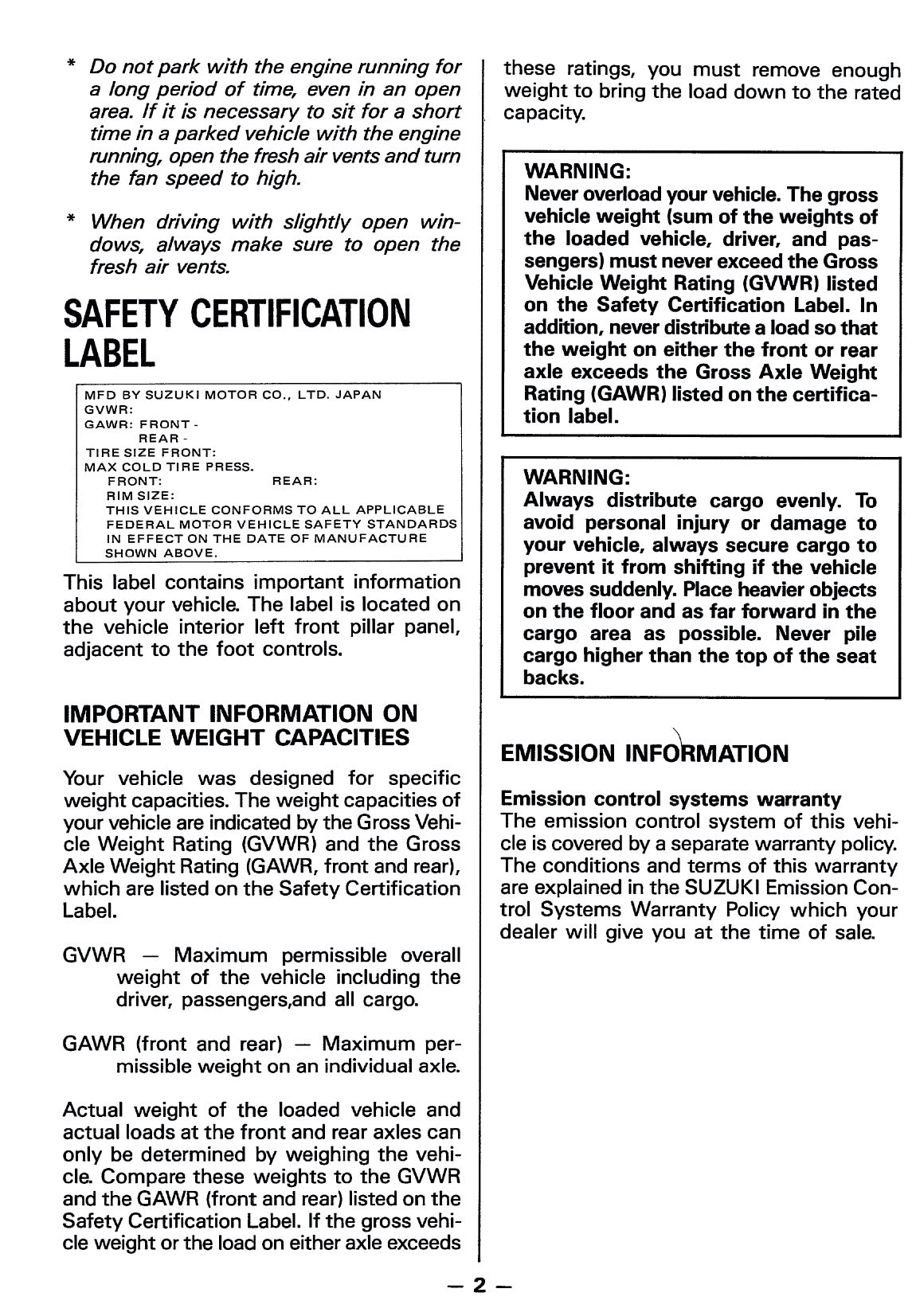 1988 Suzuki Samurai Owner's Manual | English