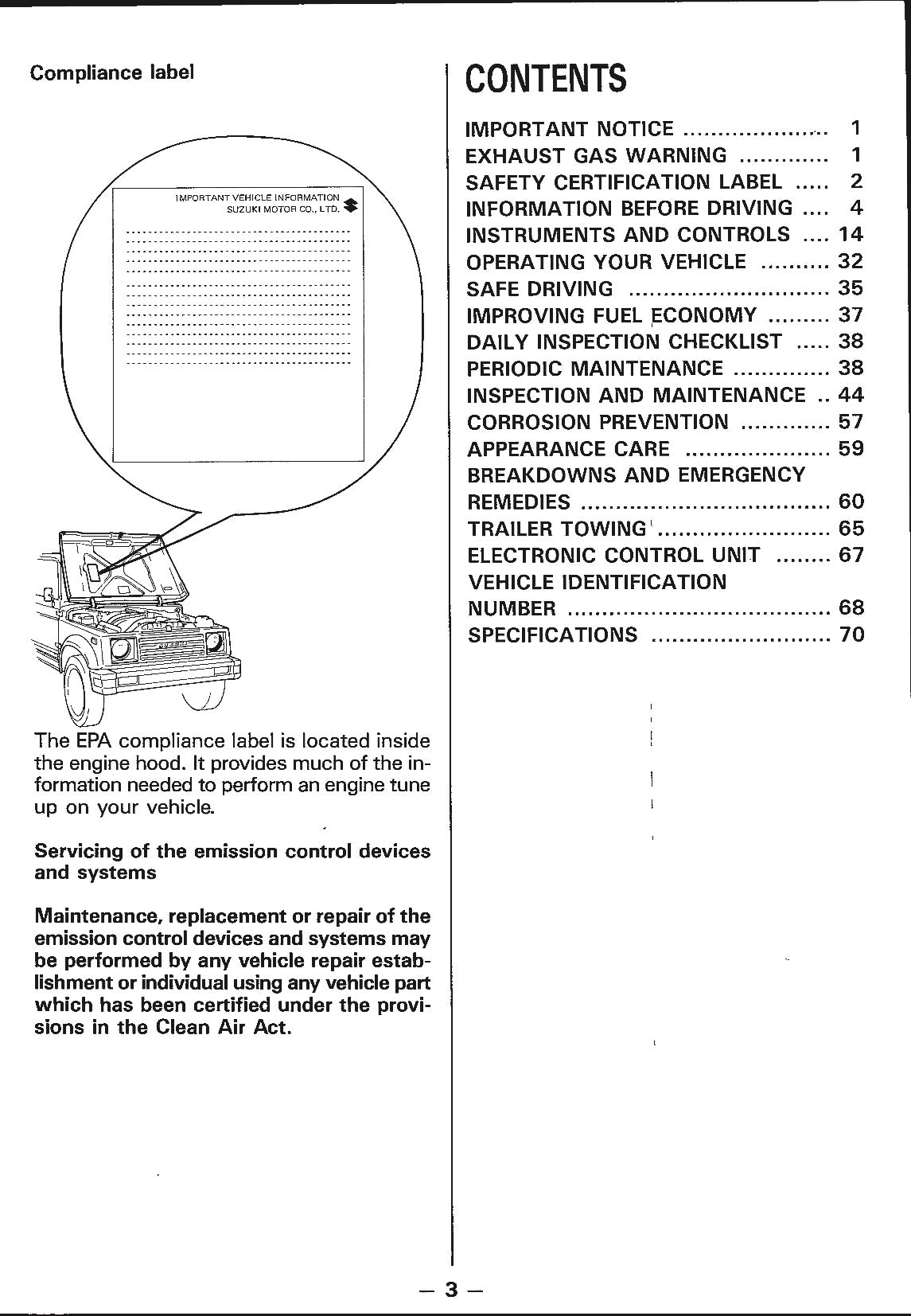 1988 Suzuki Samurai Owner's Manual | English