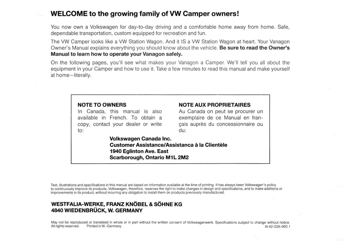 1987 Volkswagen Camper Owner's Manual | English