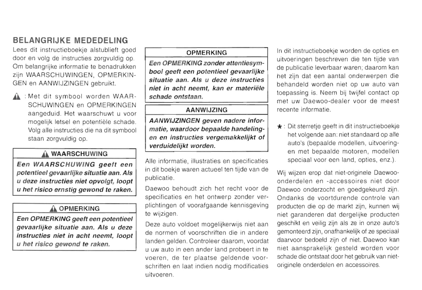 2001-2005 Daewoo Matiz Gebruikershandleiding | Nederlands