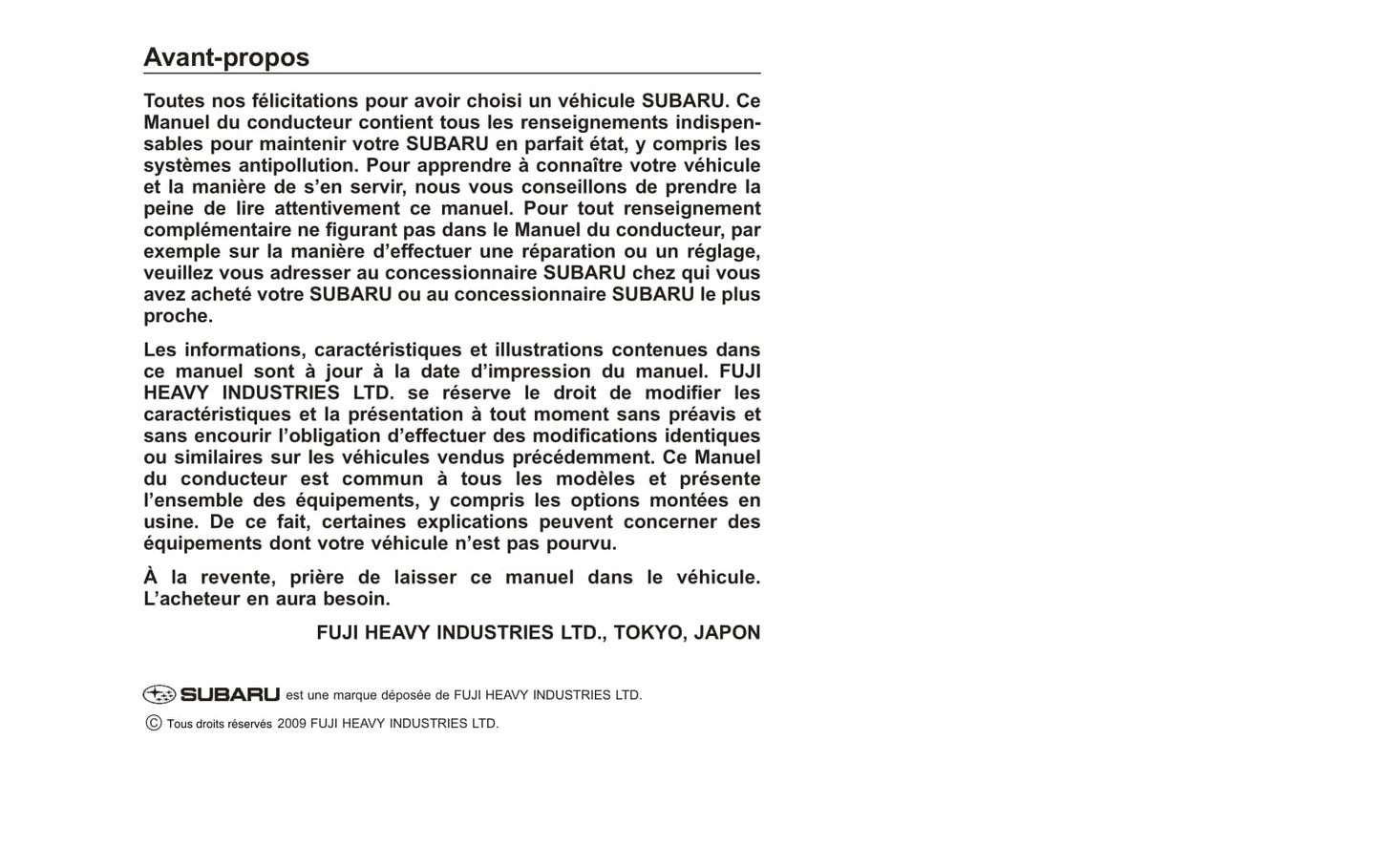 2010 Subaru Impreza Owner's Manual | French