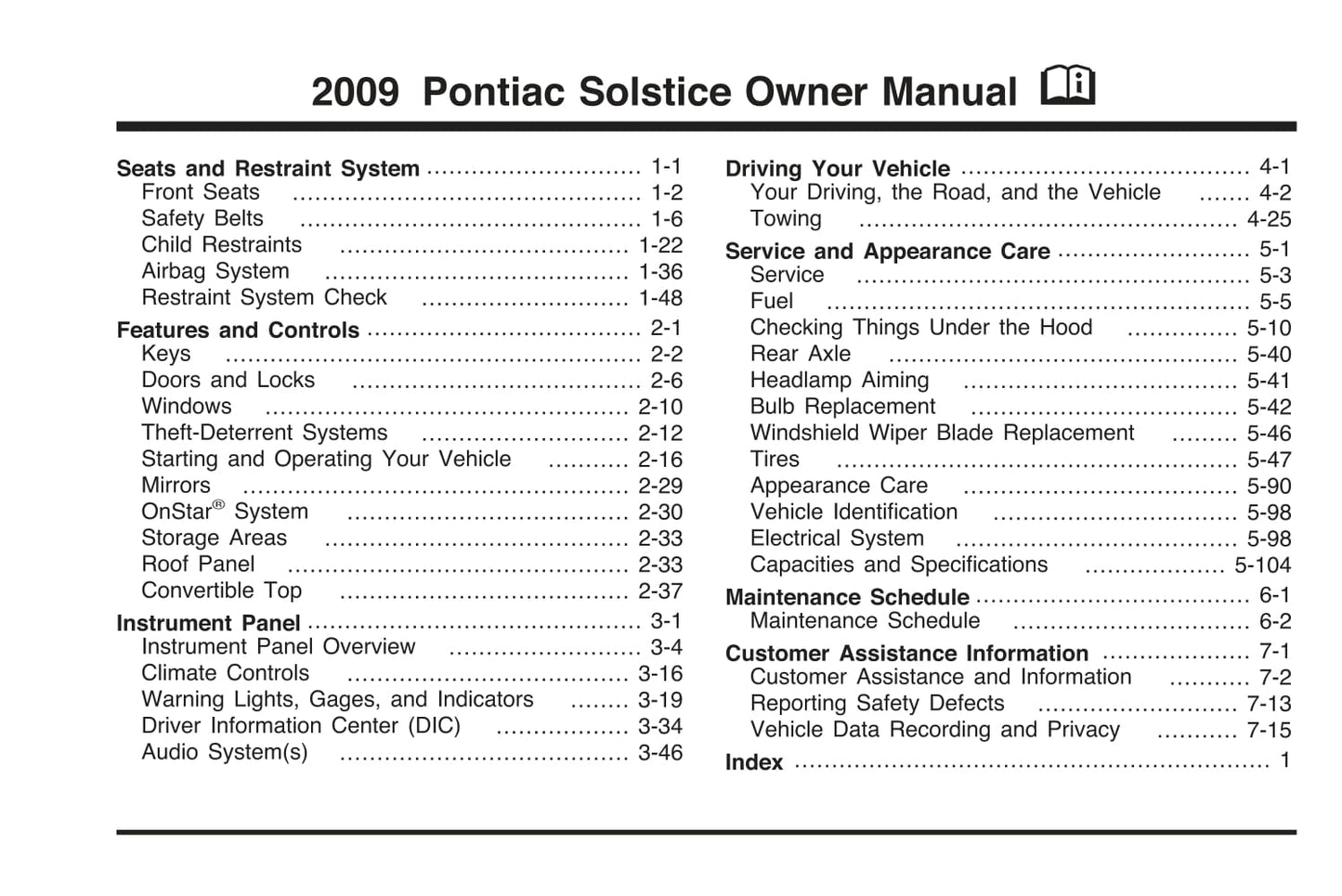 2009 Pontiac Solstice Owner's Manual | English