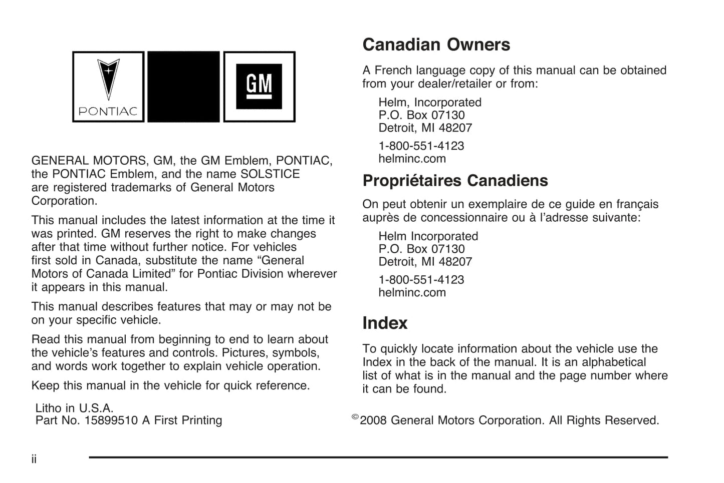 2009 Pontiac Solstice Owner's Manual | English
