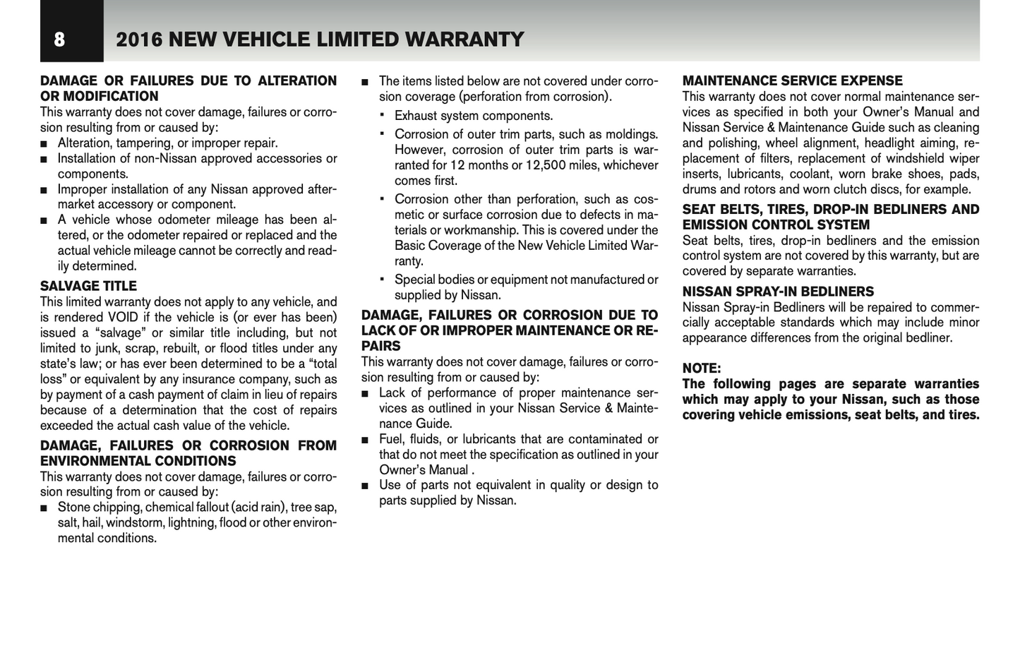 2016 Nissan GT-R Warranty Information Booklet Supplement Manual | English