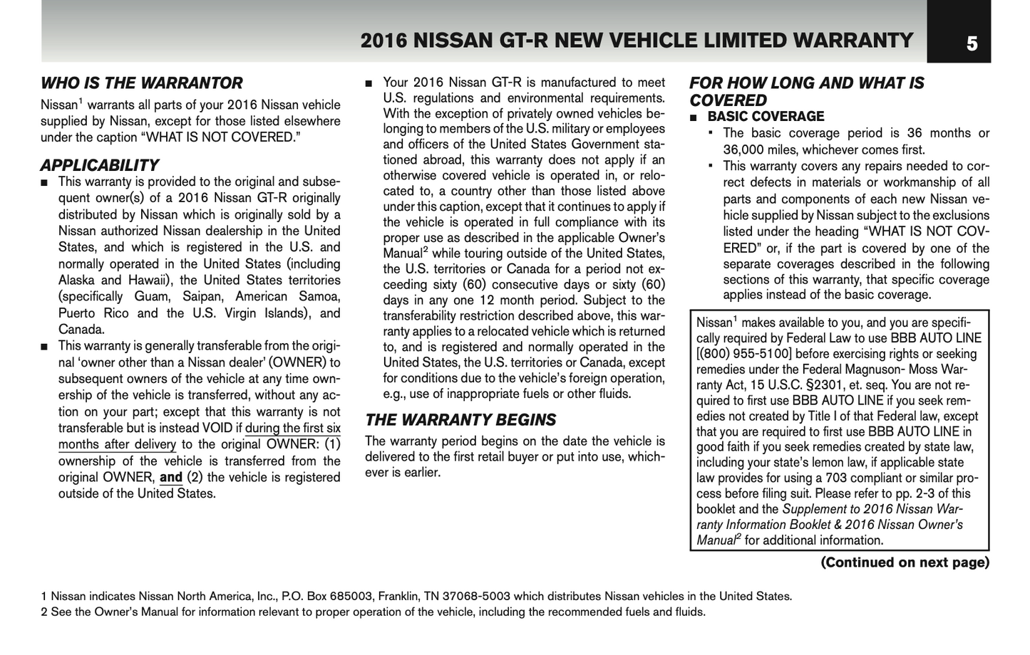 2016 Nissan GT-R Warranty Information Booklet | English