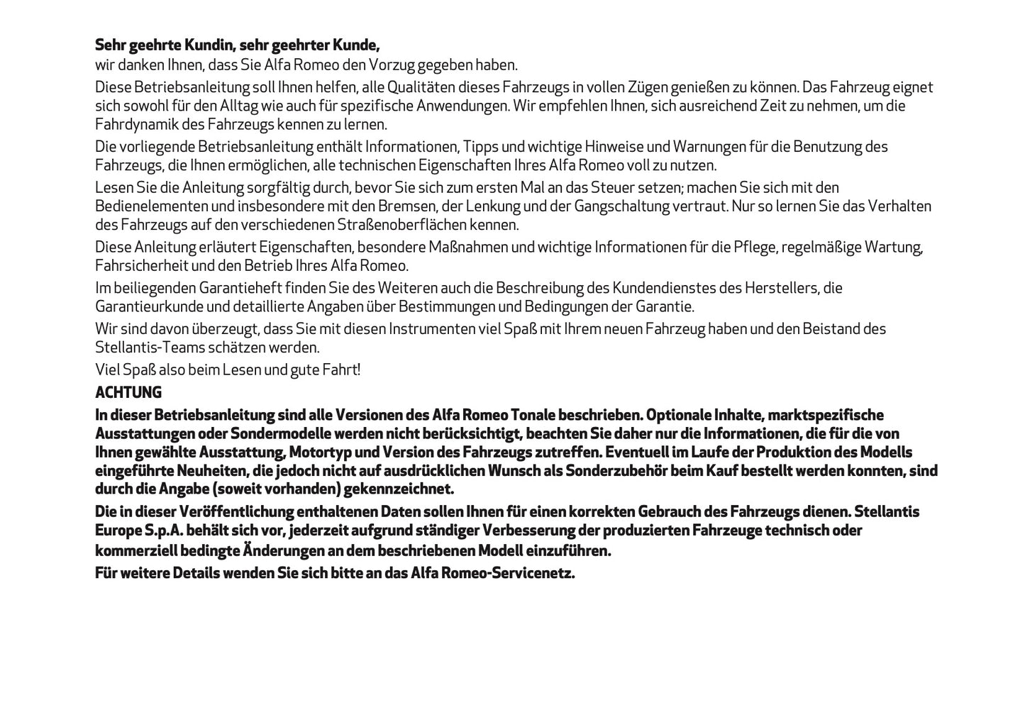 2024-2025 Alfa Romeo Tonale Owner's Manual | German