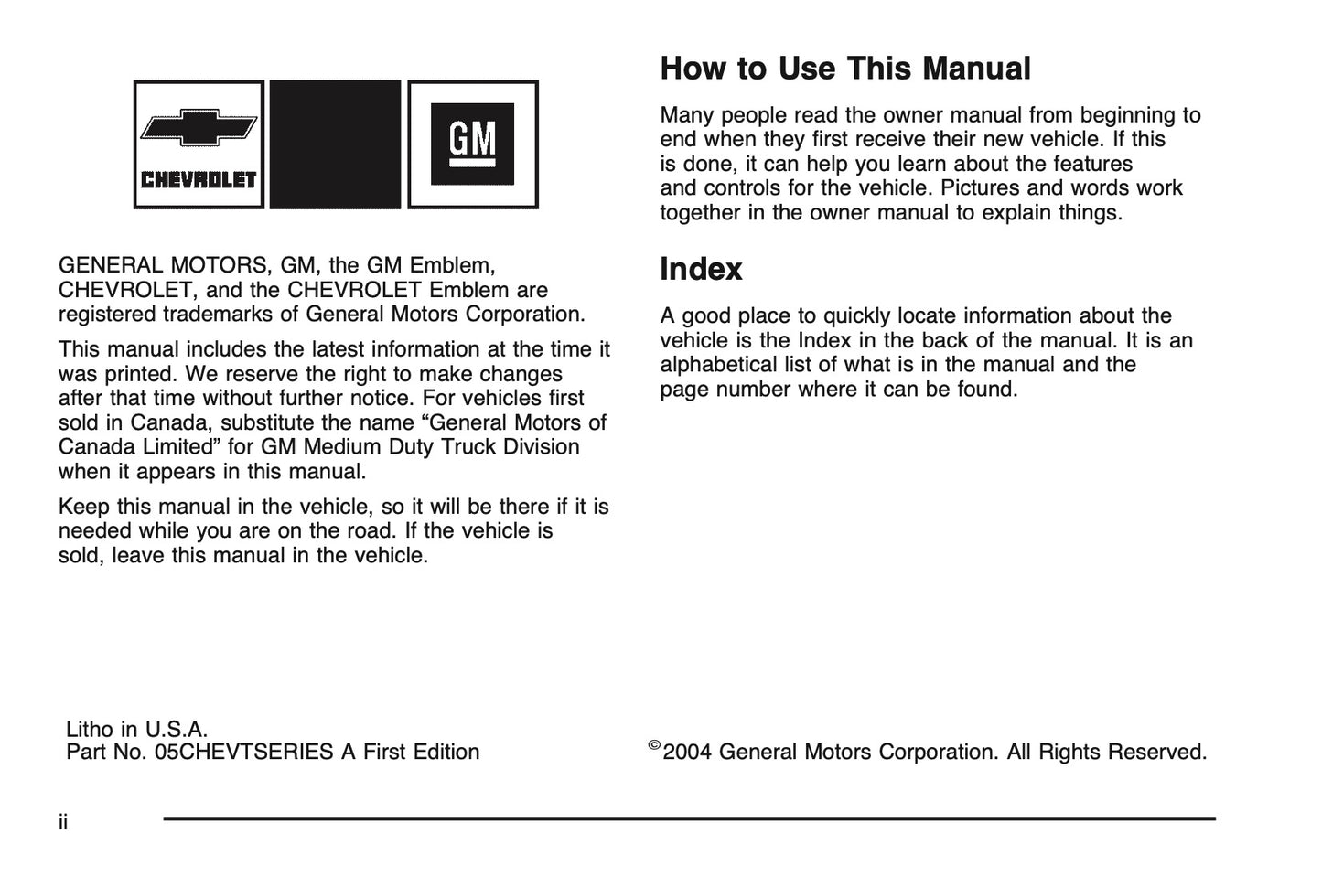 2005 Chevrolet T-Series Owner's Manual | English US