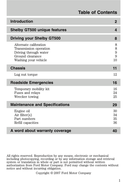 2008 Ford Shelby GT500 Owner's Manual Supplement | English