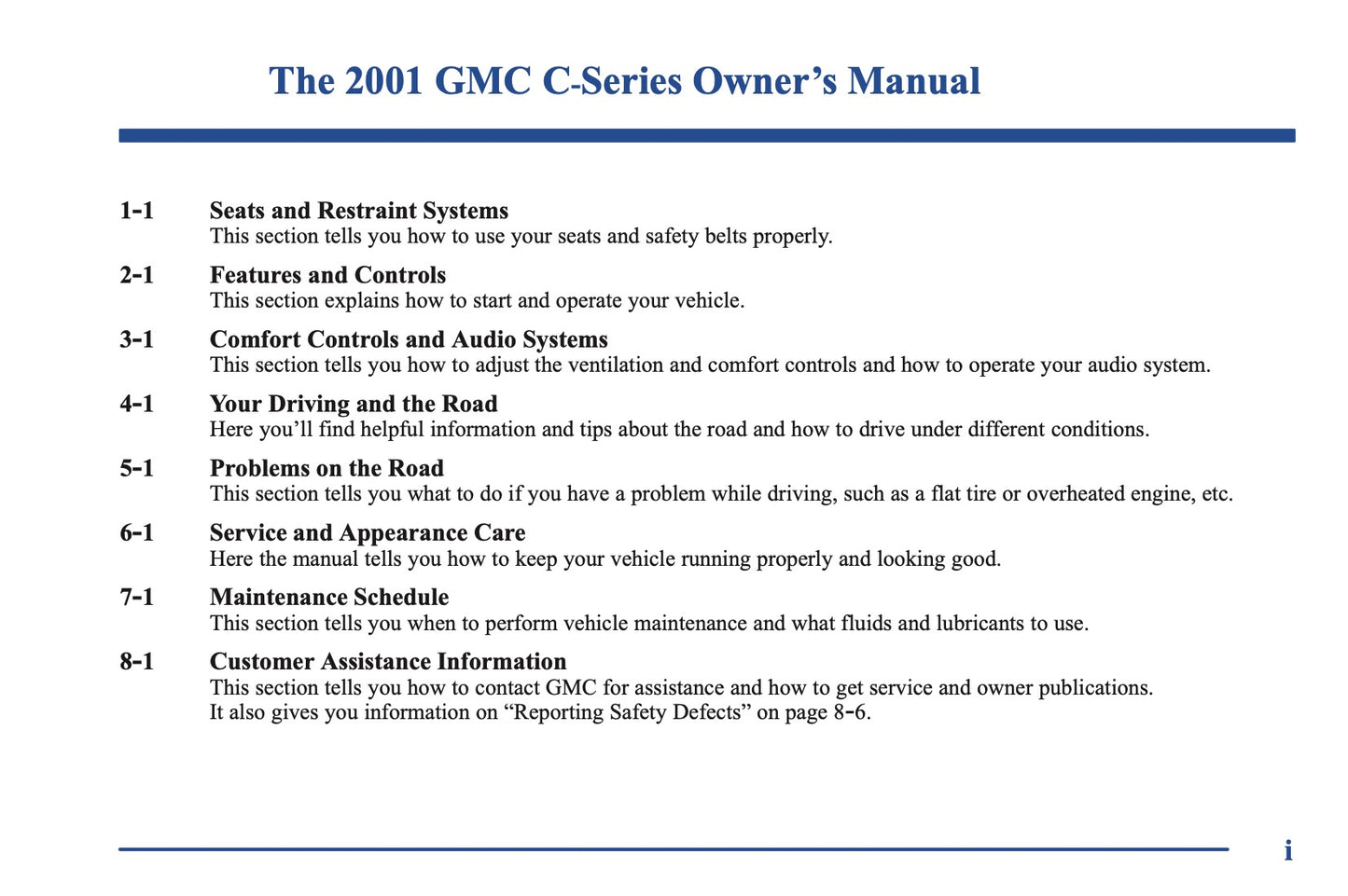 2001 GMC C Series Owner's Manual | English US
