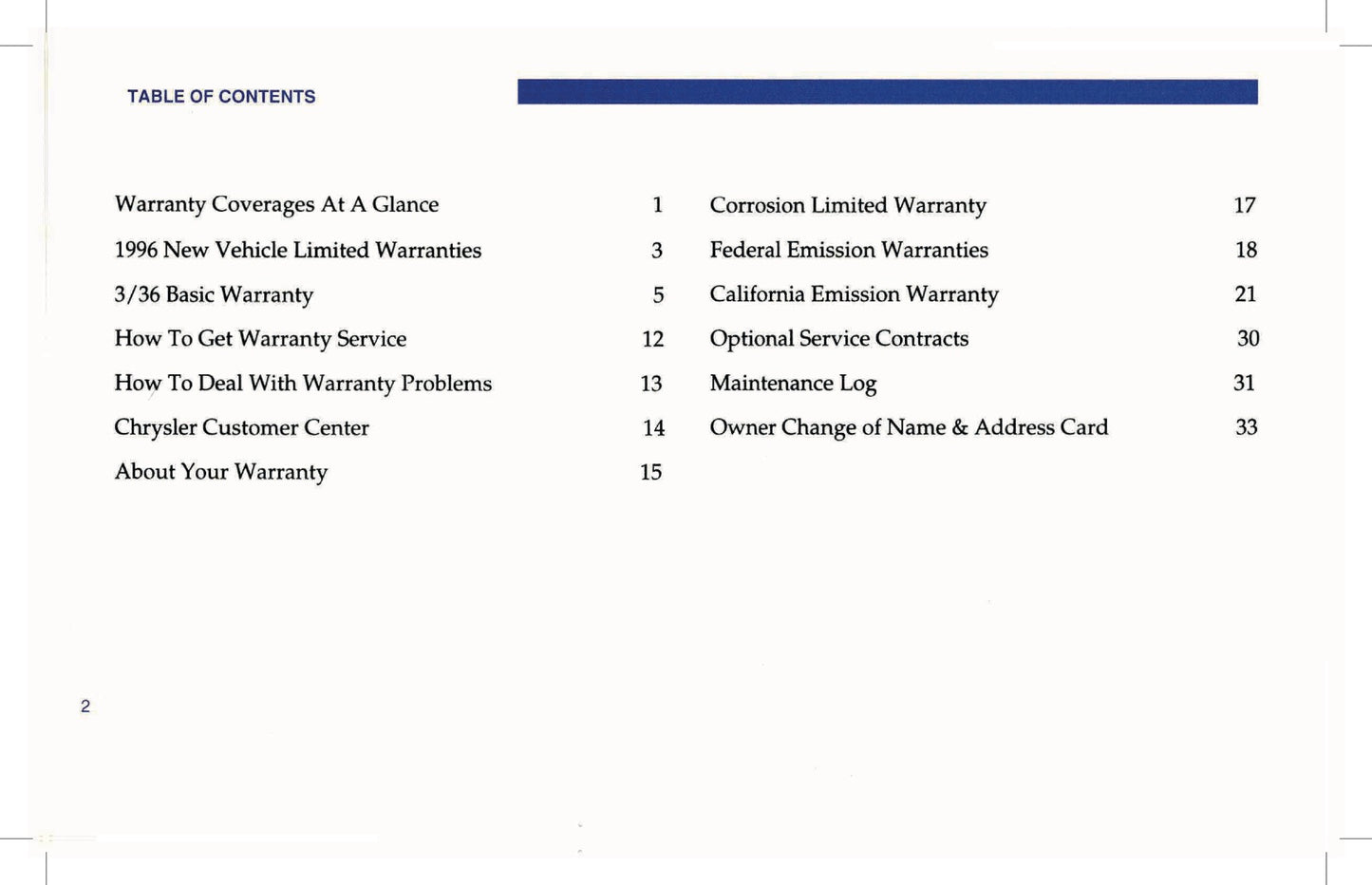 1996 Dodge Viper GTS Warranty & Maintenance Booklet | English