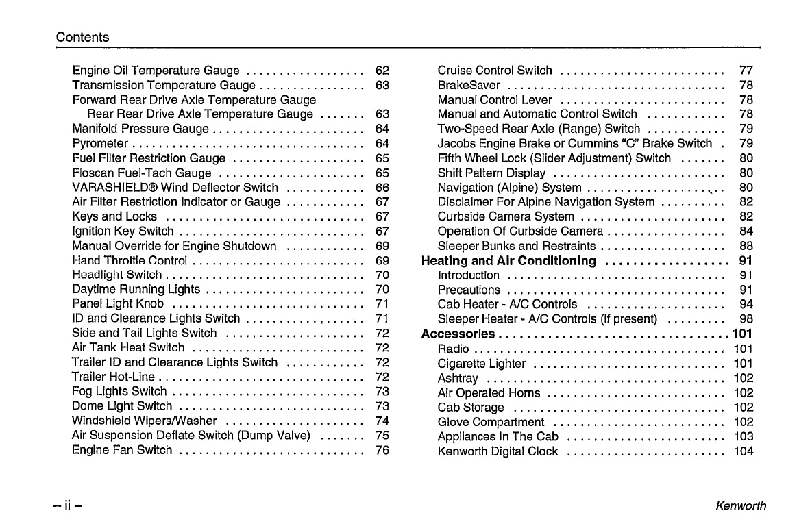 1996-2003 Kenworth K100/W900/T600/T800/C500 Owner's Manual | English