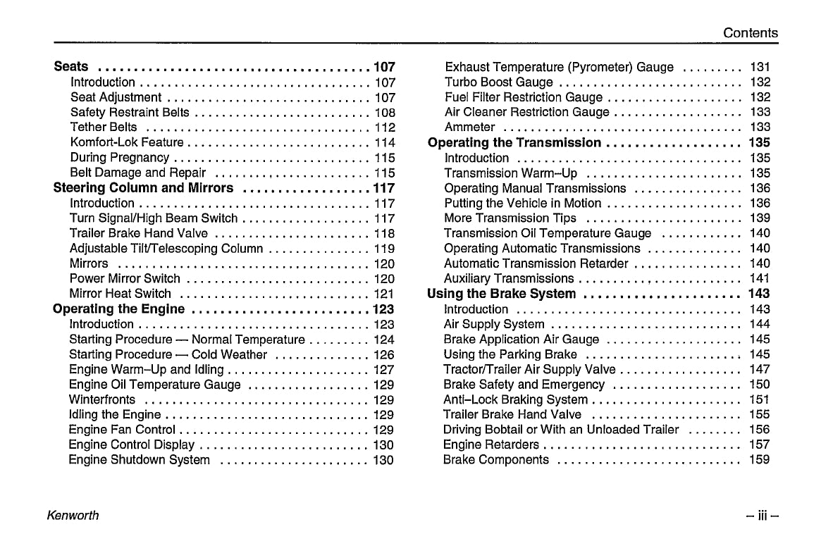 1996-2003 Kenworth K100/W900/T600/T800/C500 Owner's Manual | English