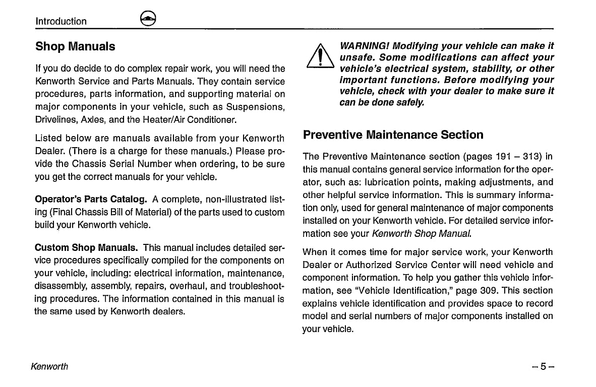 1996-2003 Kenworth K100/W900/T600/T800/C500 Owner's Manual | English