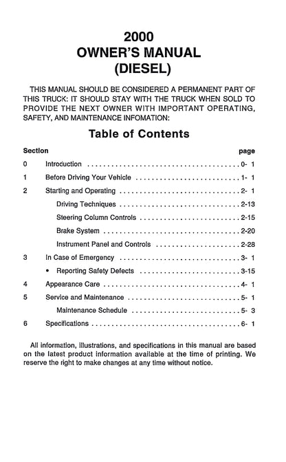 2000 GMC W-Series Diesel Owner's Manual | English