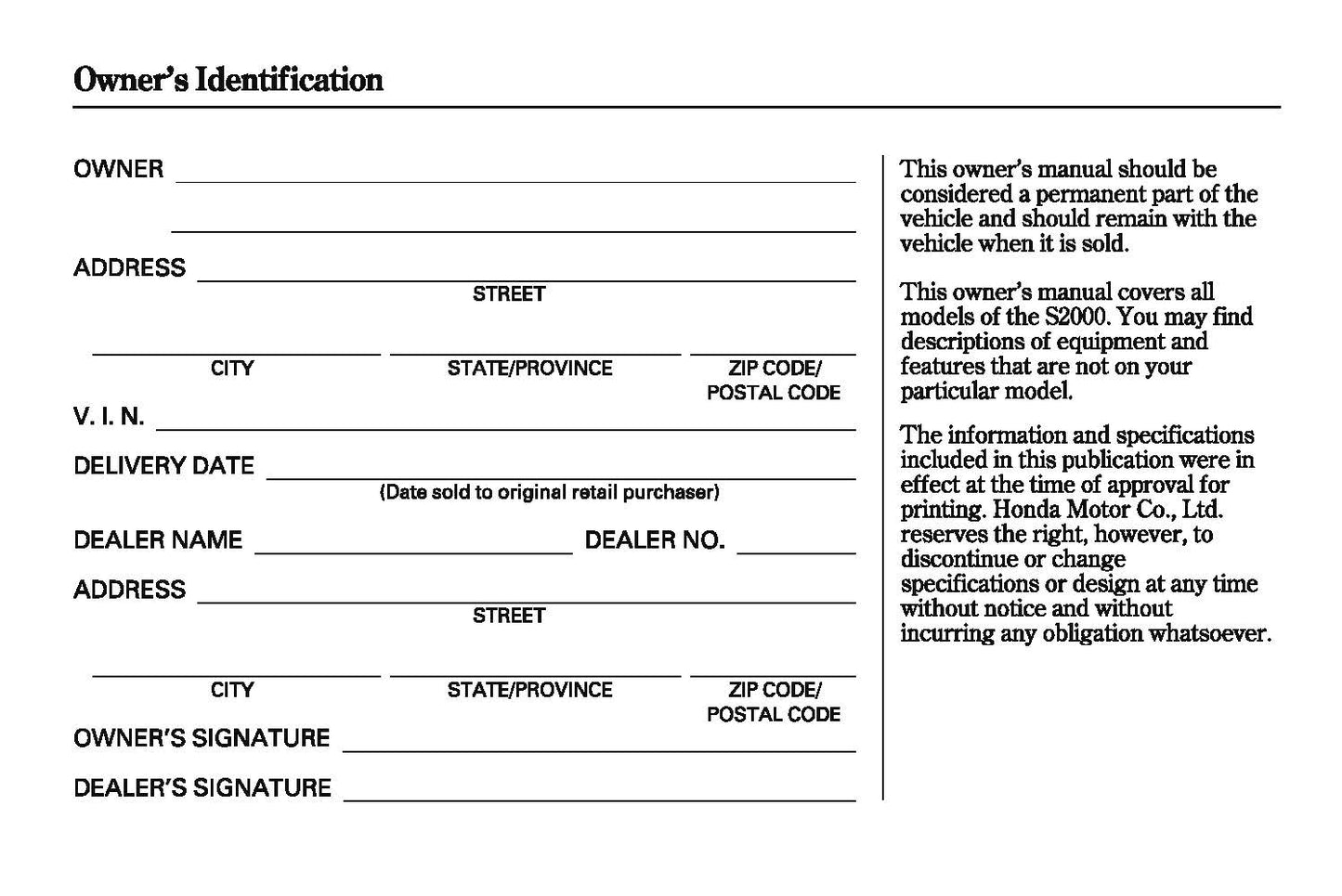 2007 Honda S2000 Owner's Manual | English