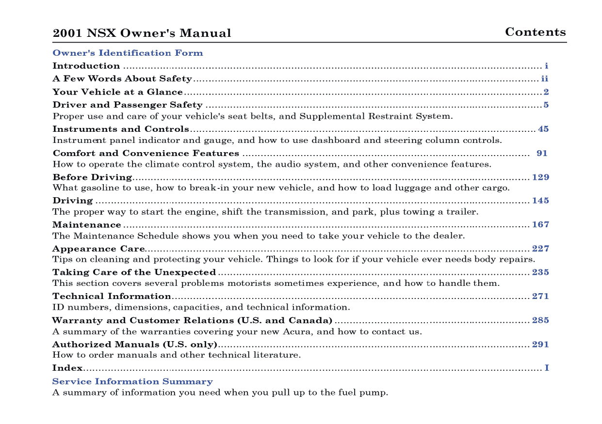 2001 Acura NSX Bedienungsanleitung | Englisch