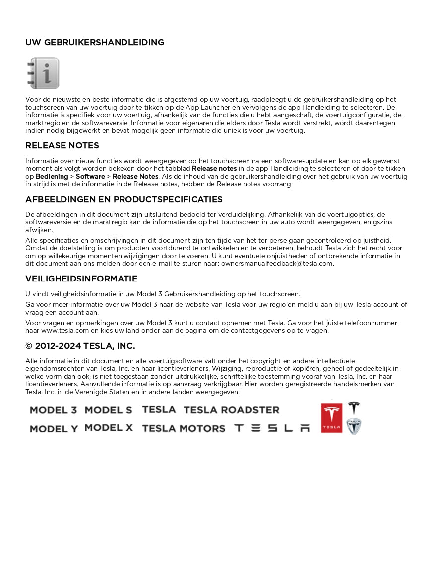 2024 Tesla Model 3 Bedienungsanleitung | Niederländisch