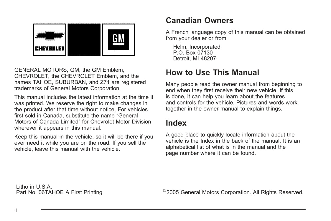 2006 Chevrolet Suburban/Tahoe Owner's Manual | English