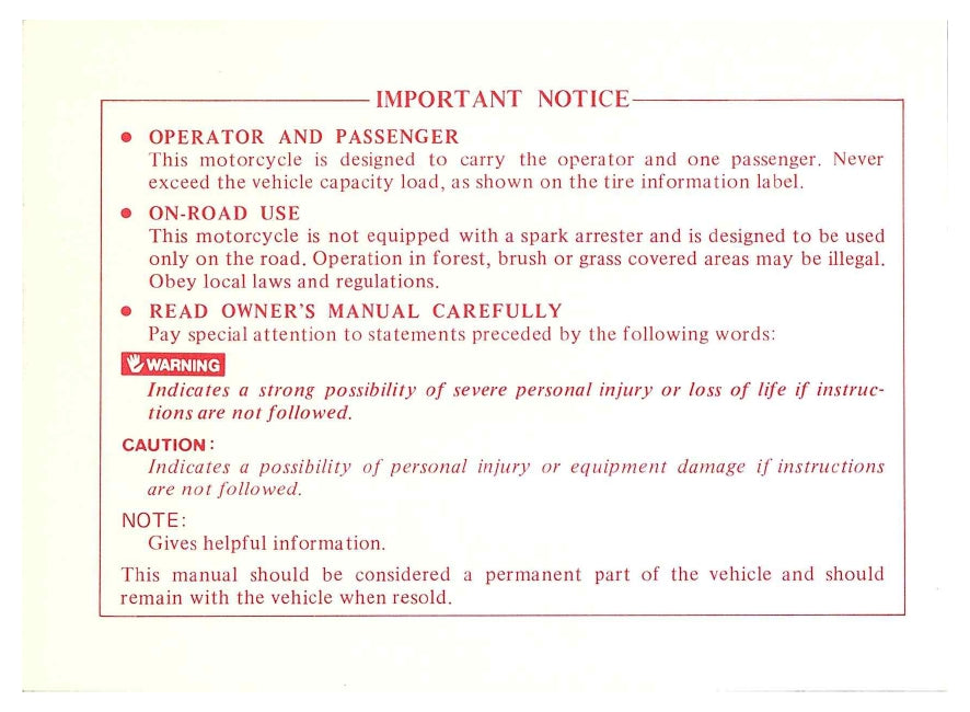 1982 Honda Nighthawk 650 Owner's Manual | English