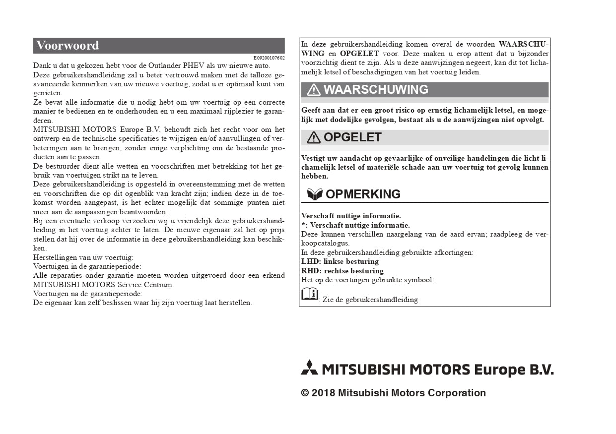 2018 Mitsubishi Outlander PHEV Gebruikershandleiding | Nederlands