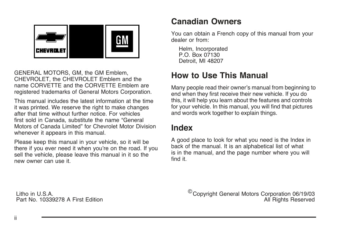 2004 Chevrolet Corvette Owner's Manual | English