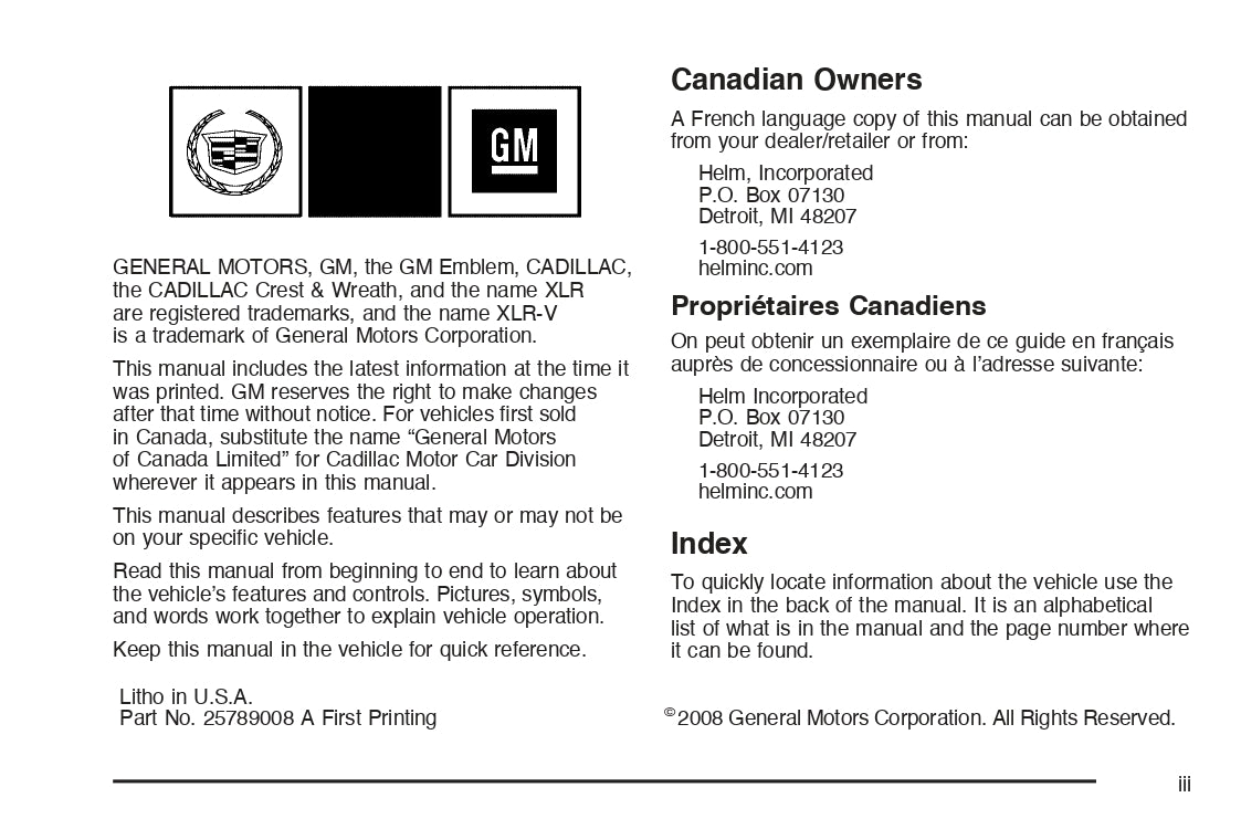 2009 Cadillac XLR/XLR-V Owner's Manual | English