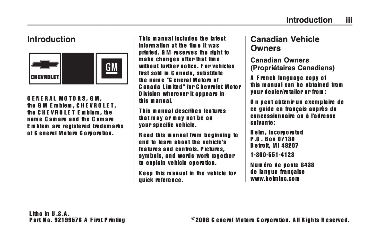 2008-2011 Chevrolet Camaro Owner's Manual | English