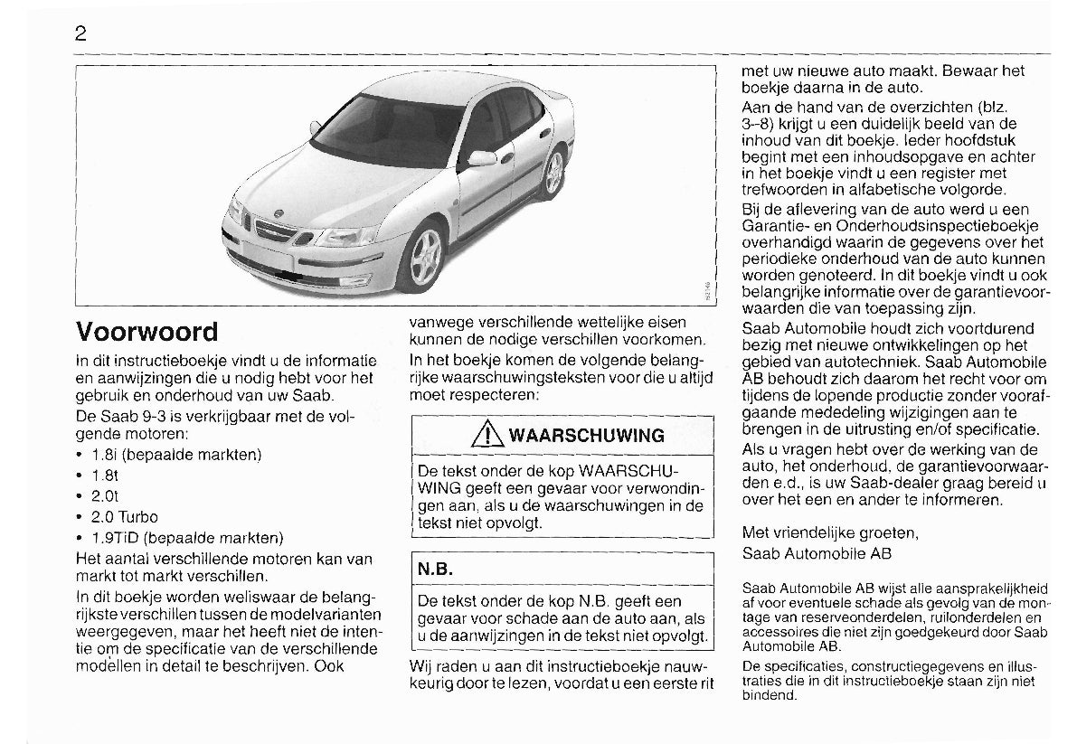 2003-2008 Saab 9-3 Owner's Manual | Dutch