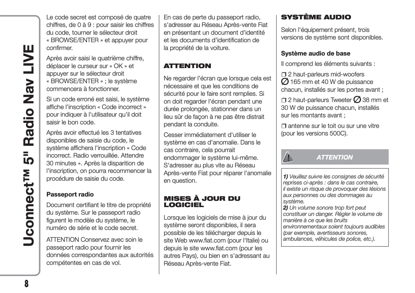 Fiat 500 & 500 Cabrio Uconnect Radio Nav 5.0 Guide d'utilisation 2017 - 2018