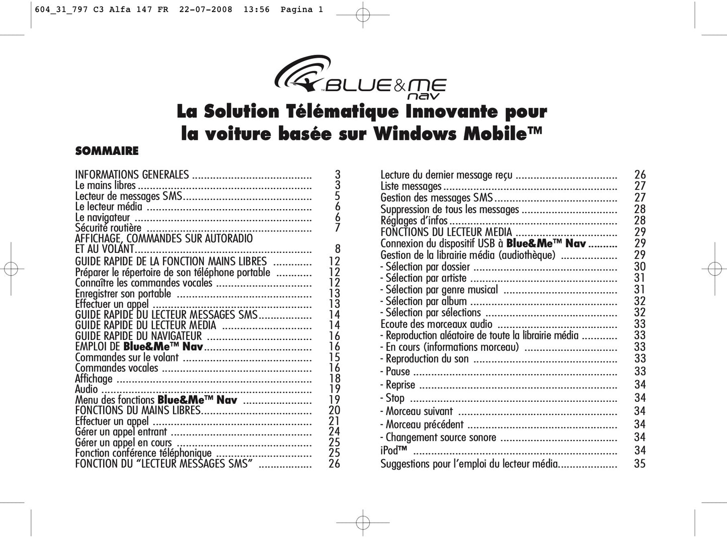 Alfa Romeo Blue & Me Nav Guide d'utilisation 2008 - 2011