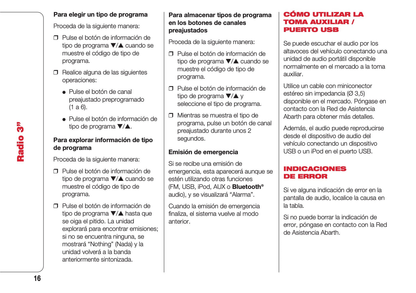 Abarth 124 Spider Radio 3 Instrucciones 2016 - 2018