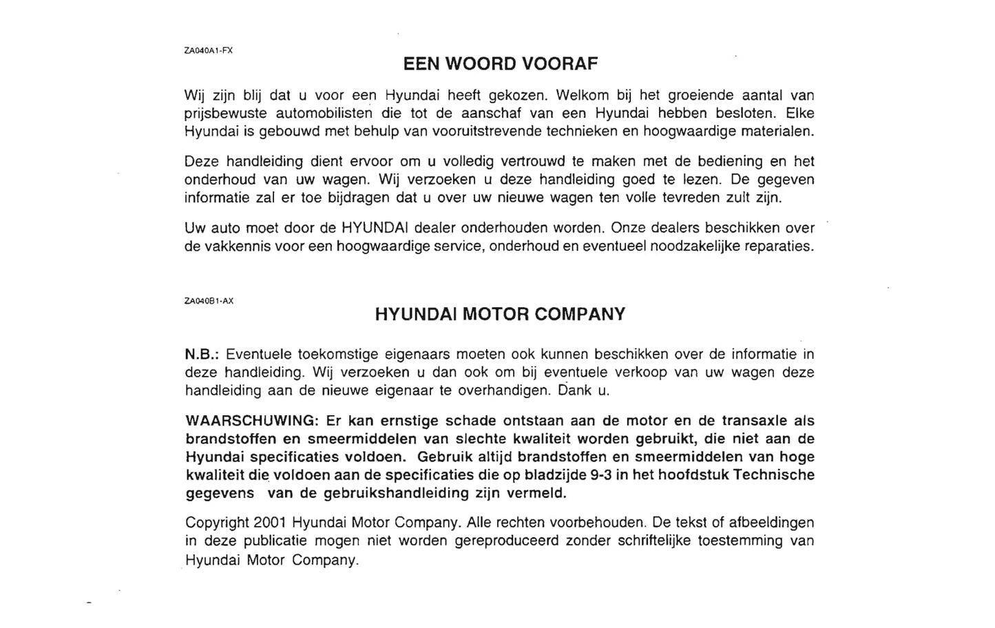 2001-2002 Hyundai Santa Fe Gebruikershandleiding | Nederlands