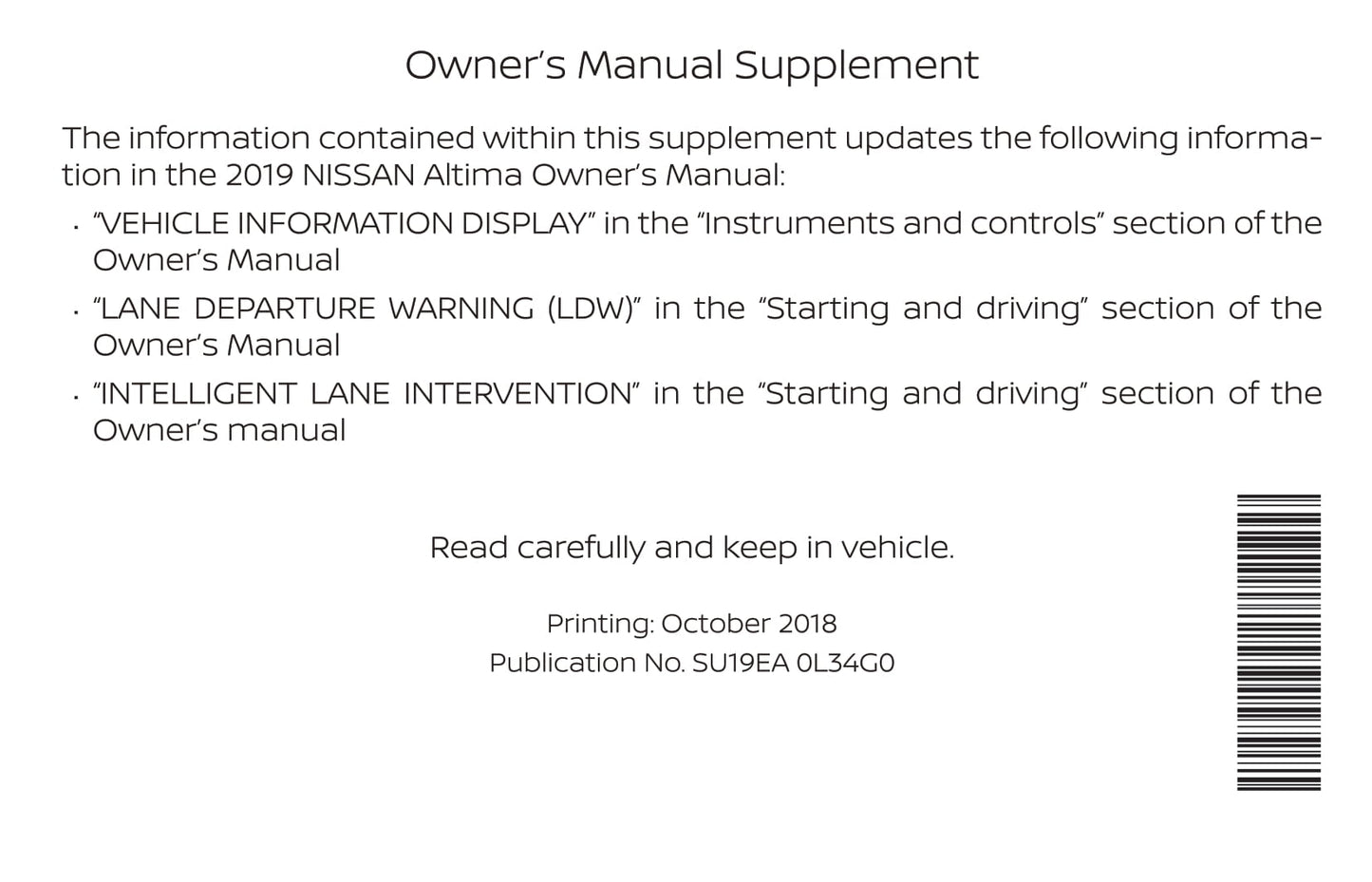 2019 Nissan Altima Sedan Owner's Manual | English