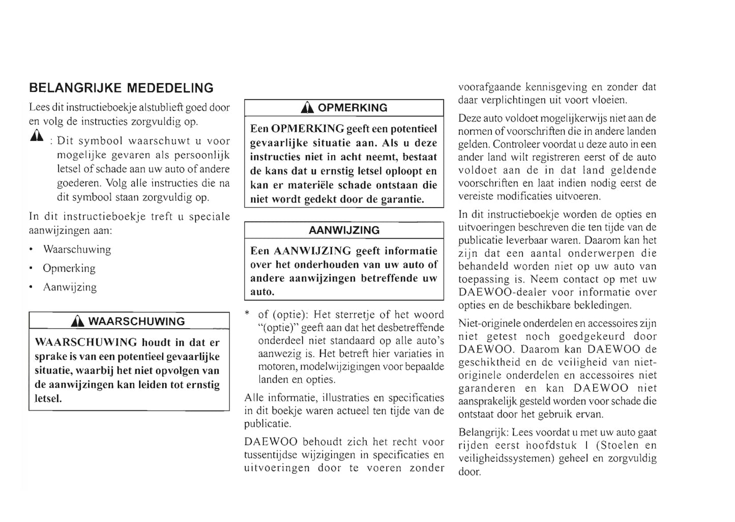 1999-2003 Daewoo Nubira Bedienungsanleitung | Niederländisch