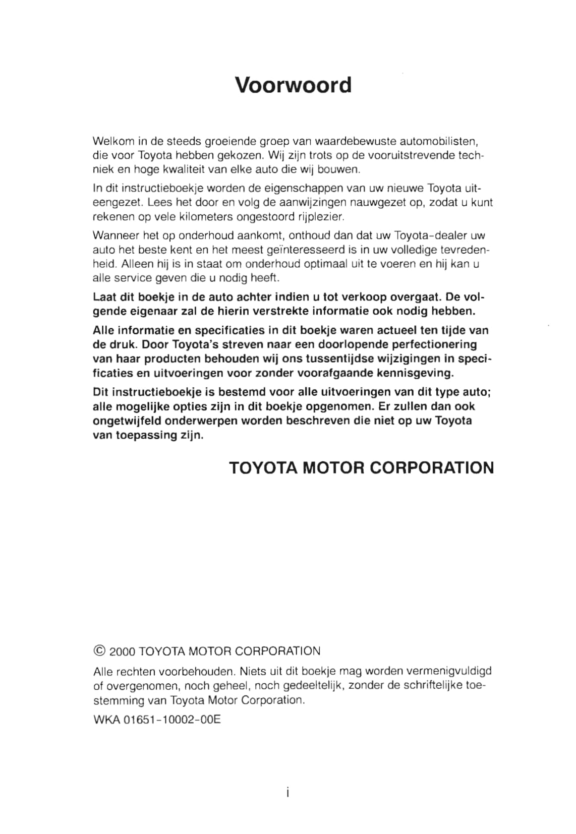 2000-2002 Toyota Corolla Owner's Manual | Dutch