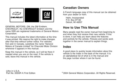 2003-2006 Chevrolet SSR Owner's Manual | English