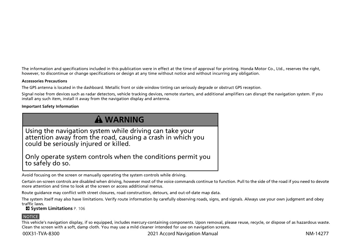 Honda Accord Navigation Owner's Manual 2021