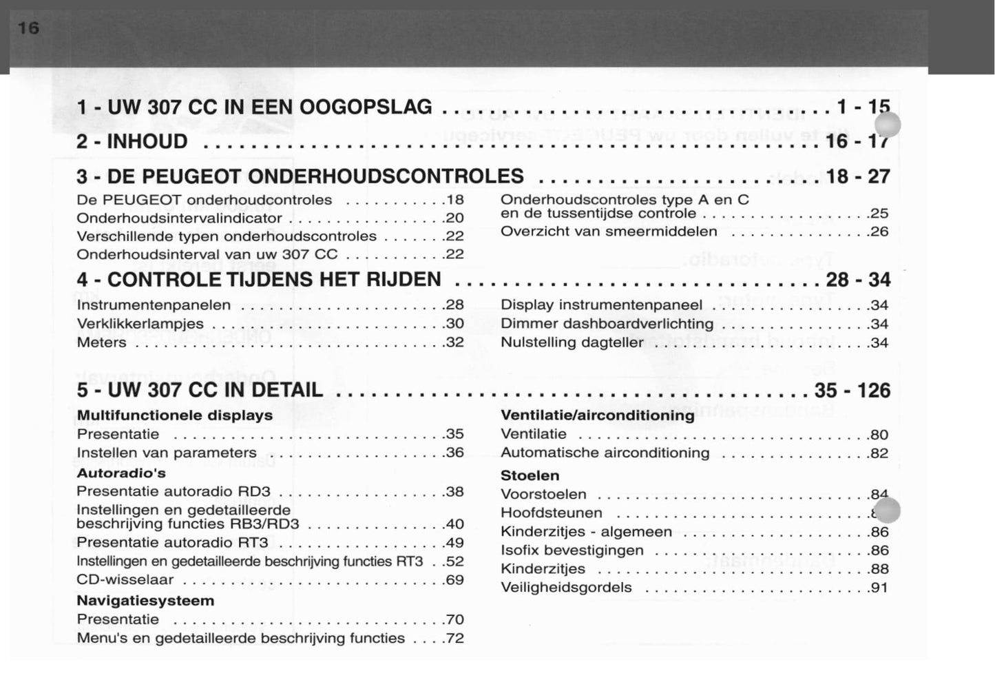 2003 Peugeot 307 CC Bedienungsanleitung | Niederländisch