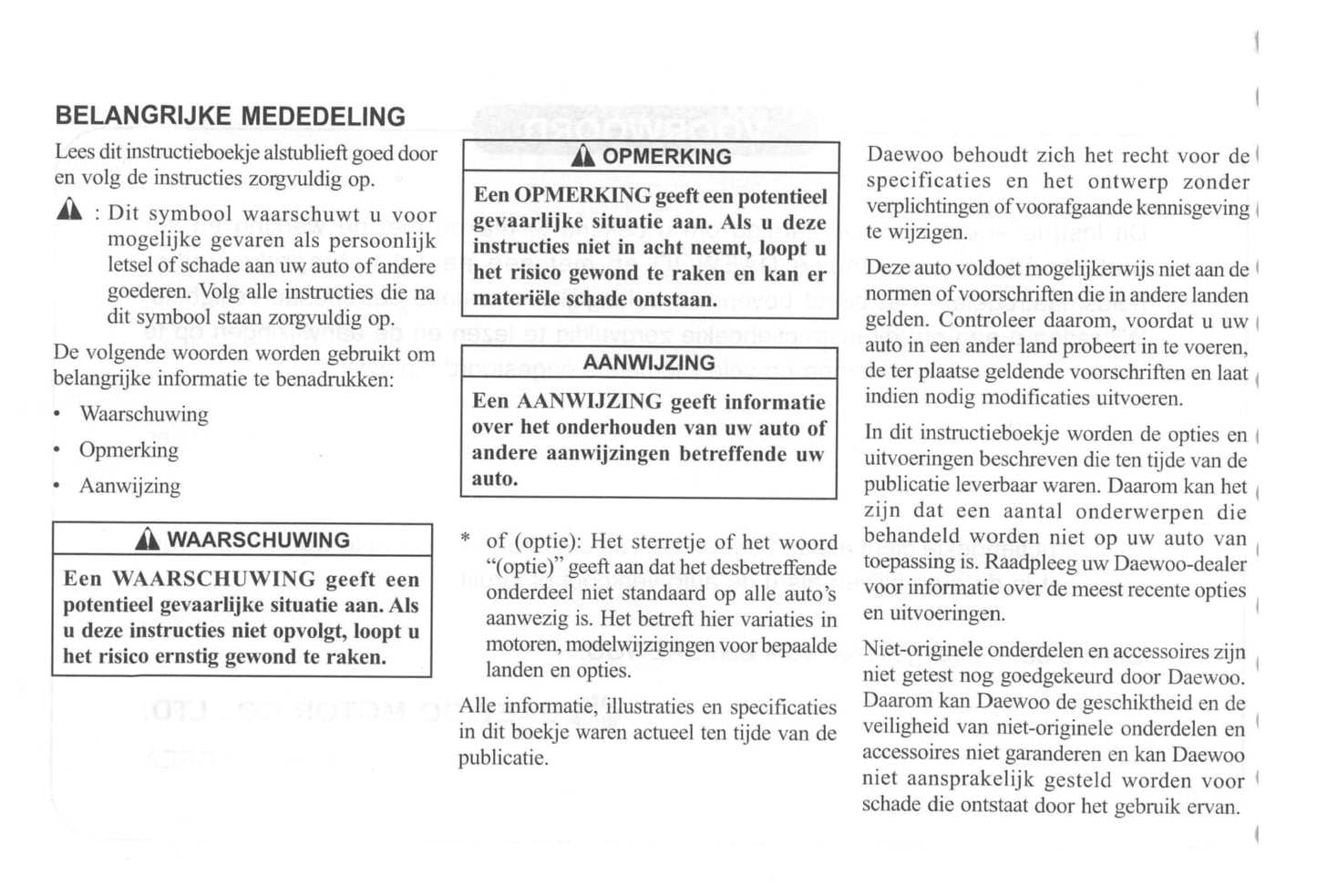 2000-2004 Daewoo Tacuma Bedienungsanleitung | Niederländisch