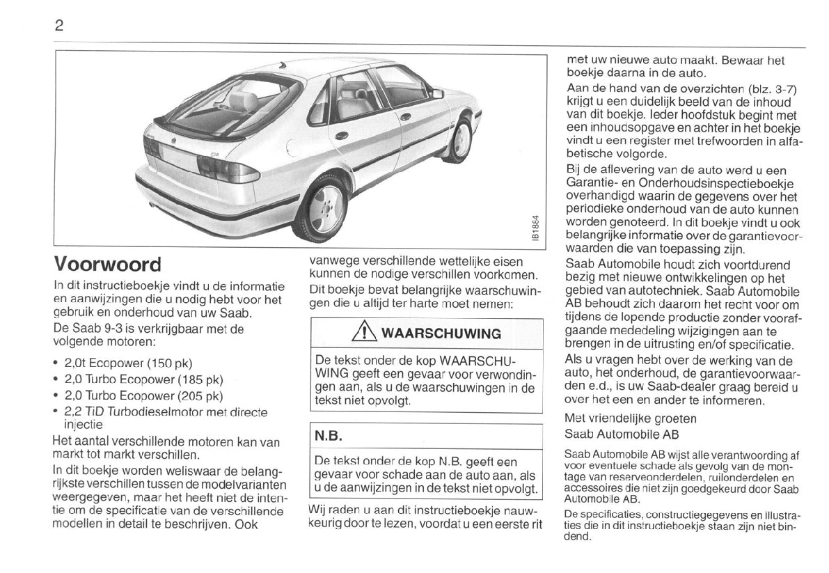 1998-2002 Saab 9-3 Owner's Manual | Dutch